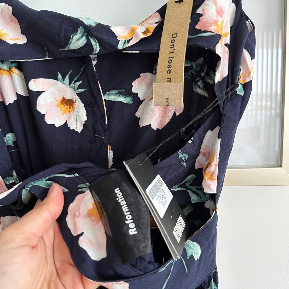 NEW Reformation Dress Floral Lanai Navy Blue Floral Cutout Back Midi Dress XS - Picture 8 of 13